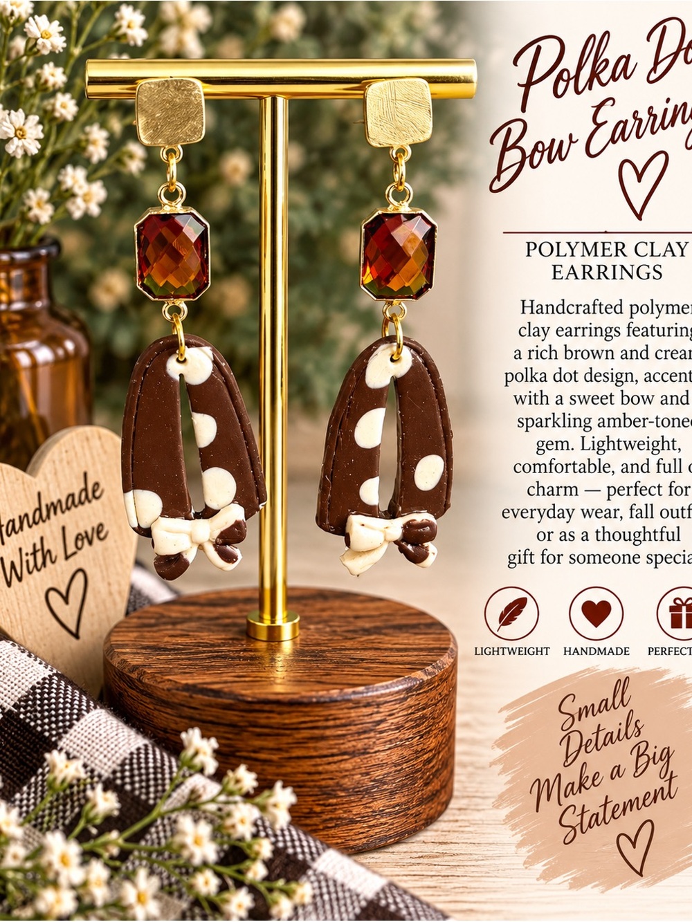 Handcrafted Brown & Cream Polka Dot Bow Drop Earrings